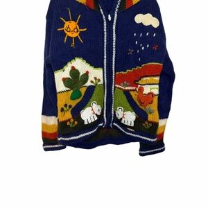 Vintage Handmade Knit Animal Scene Hoodie ––Whimsical Folk Sweater